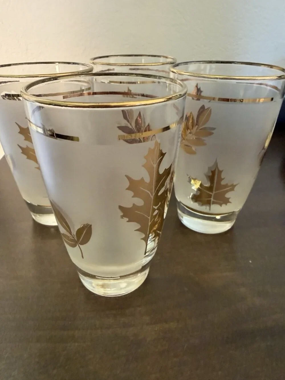5 Vintage Libby Glass Company Tumblers Golden Foliage Pattern Frost Finish 22K